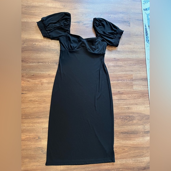 FREE PEOPLE BEACH Bel Air Ribbed Midi Dress Puff Sleeve Black Women's Size XL - Picture 2 of 15